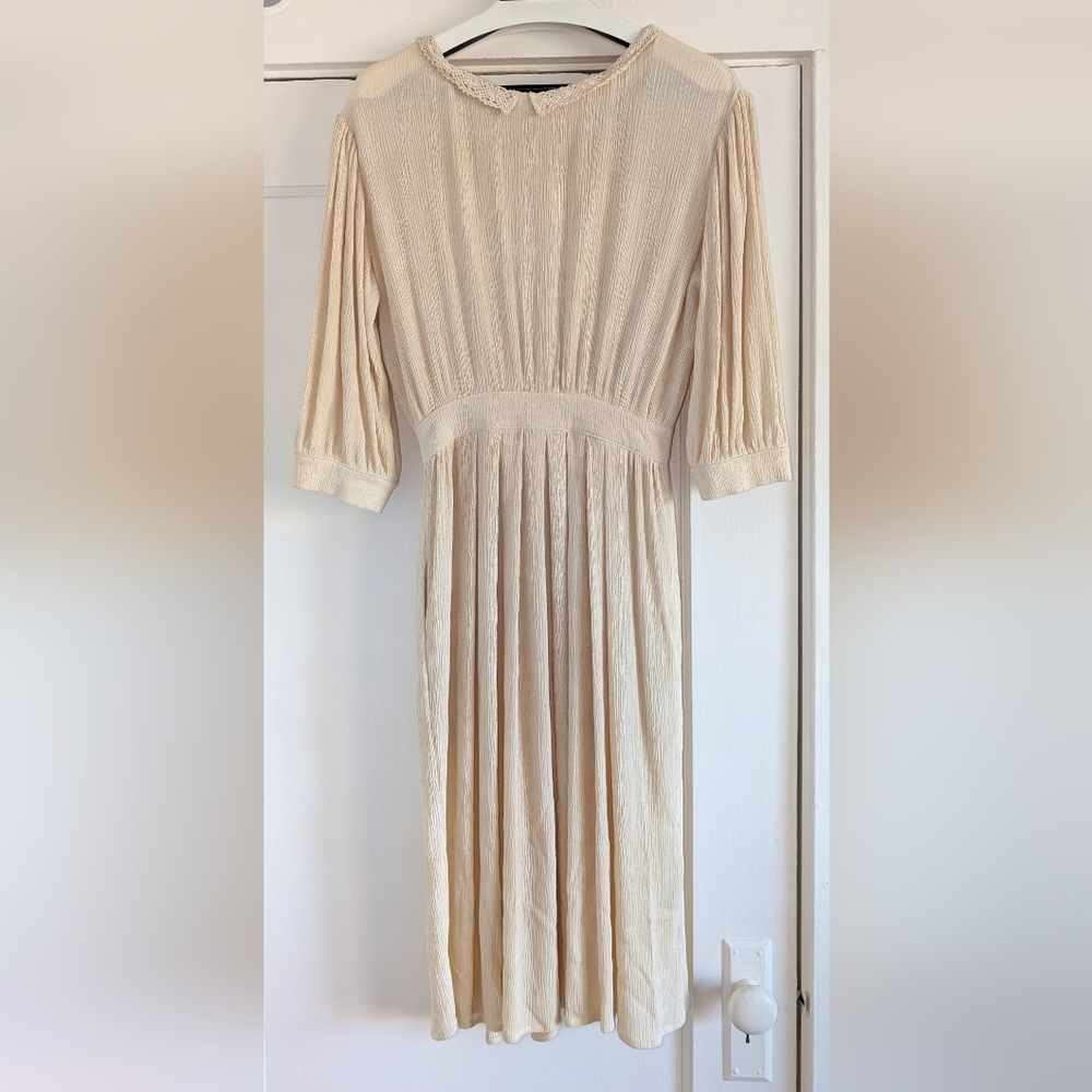 Christy Dawn XS Midi Dress Cream Pleated Rayon Crochet Prairie Boho Cottagecore
